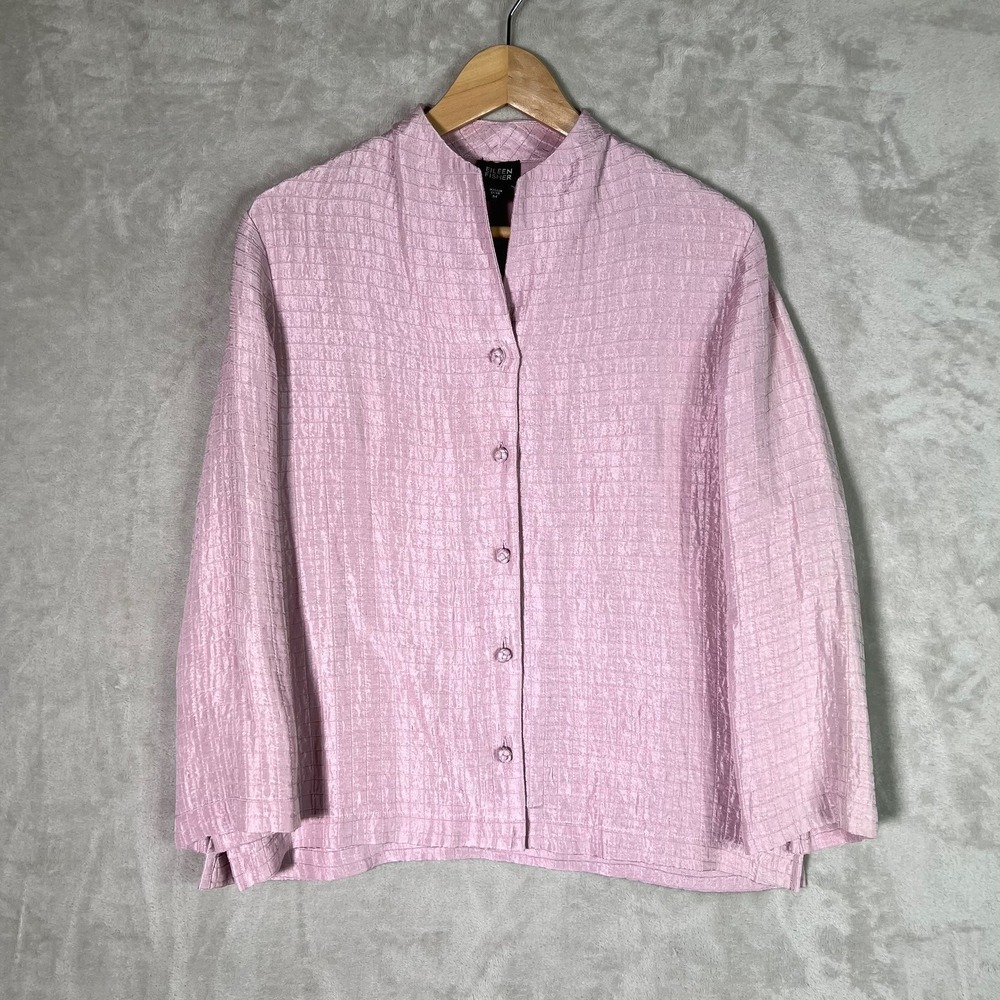 Eileen Fisher Blouse M Textured Silk Linen Pink Braid Button 3/4 Sleeve Luxury